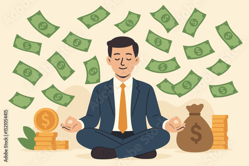 Serene businessman meditating amidst falling money, symbolizing financial growth, wealth manifestation, abundance, success, investment, prosperity, and mindful money management