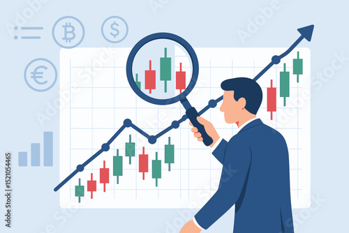 Financial Market Trend Analysis, Stock Chart Growth, Business Analytics, Investment Strategy, Forex, Bitcoin, Euro Exchange Rate, Trader, Investor. Candlestick Data