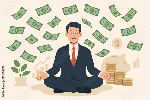 Serene businessman meditating amidst falling money, symbolizing financial abundance, wealth growth, investment success, and mindful prosperity management. Financial freedom concept