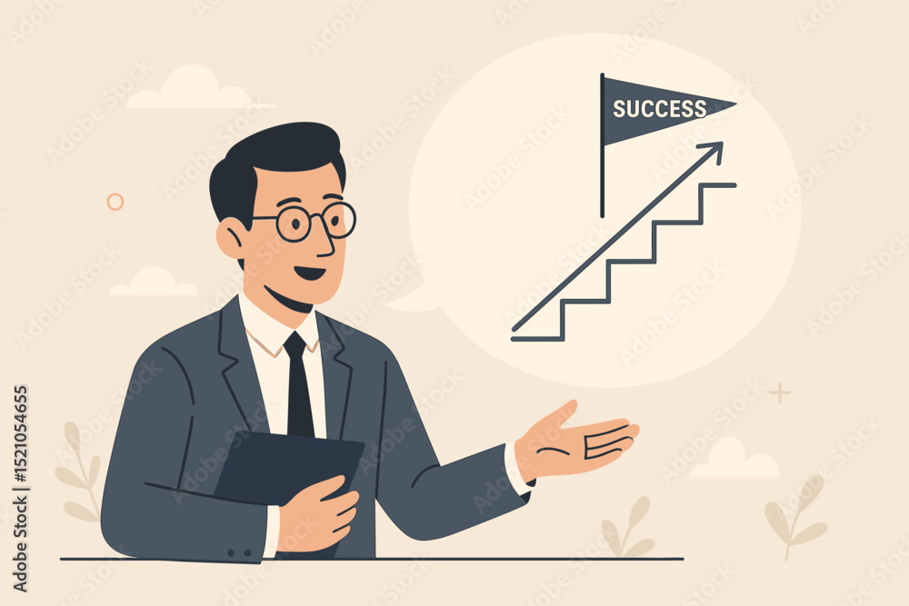 Businessman presenting success pathway with steps to achieve goals, career growth, and business development. Concept of motivation, promotion, professional achievement and leadership. Businessman presenting success pathway with steps to achieve goals, career growth, and business development. Concept of motivation, promotion, professional achievement and leadership.
