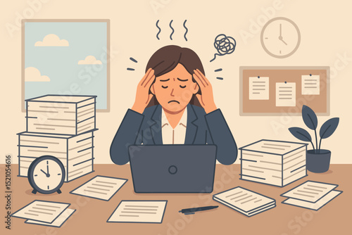 Overworked Businesswoman Suffering from Stress, Headache, and Burnout at Messy Office Desk with Piles of Documents. Concept of Mental Exhaustion, Workplace Pressure, and Professional Anxiety.