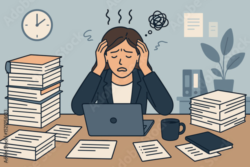Overworked businesswoman experiences stress, burnout, and mental pressure at office desk. Female employee feeling anxious, tired, frustrated, overwhelmed by huge workload deadlines