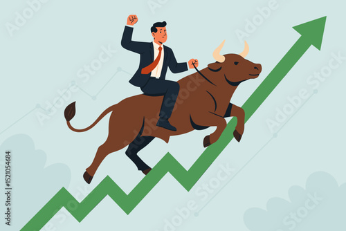 Confident businessman riding a powerful bull upward on a green arrow, symbolizing a strong bull market, financial growth, investment success, stock exchange triumph, and economic prosperity