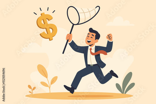 Enthusiastic Businessman Chasing a Flying Dollar Sign with a Net. Concept of Catching Financial Success, Investing, Wealth, Income Growth, Business Opportunity. Money Hunting.