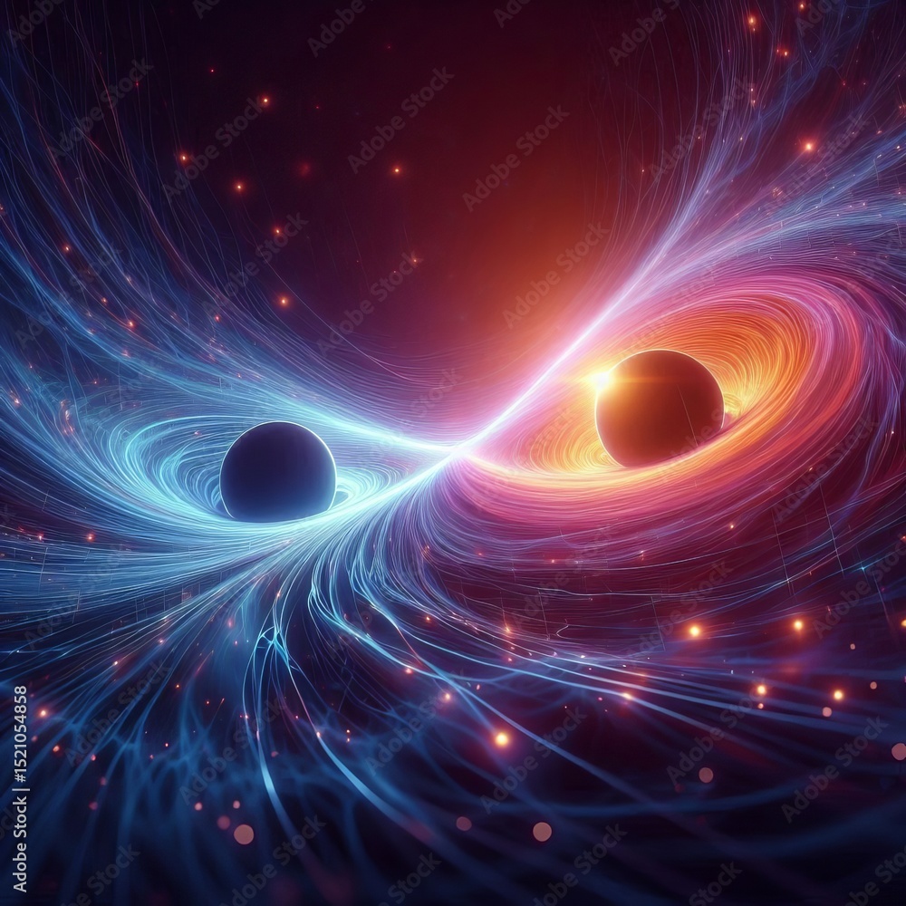 Obraz premium A bridge of light connecting two black holes pulsing with gravit