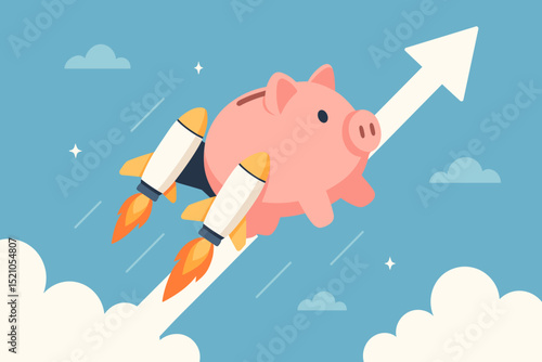 Rocket-powered piggy bank soaring upwards, symbolizing rapid financial growth, investment success, savings acceleration, fast money accumulation, and quick business prosperity development.