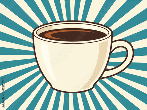 A retro-style vector illustration of a coffee cup against a background of radiating blue and white lines. It evokes a vintage aesthetic.