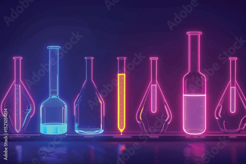 Chemicals of different colors in laboratory flasks on neon background.