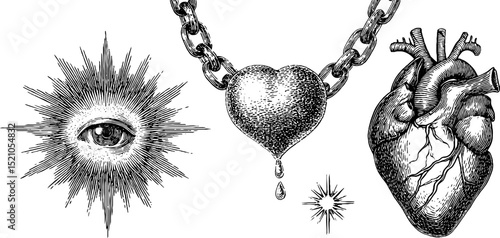 Vintage engraved illustration set featuring shattered star, eye, heart, and anatomical heart design