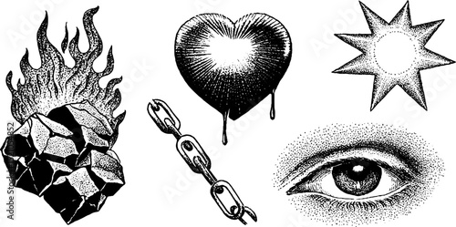 Engraved illustration collection featuring shattered star, fiery heart, and dripping eye for design projects