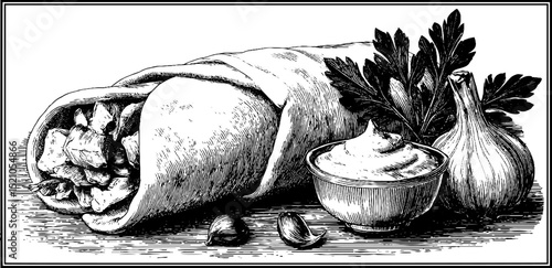Engraved illustration of shawarma wrap with garlic sauce and parsley for culinary design
