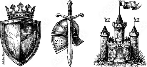 Engraved medieval shield, sword, helmet, and castle illustration for historical designs