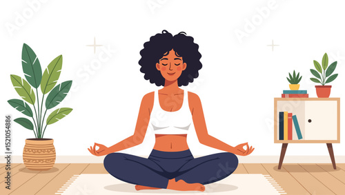 A vector illustration depicts a woman meditating peacefully in a serene indoor setting, surrounded by plants and minimalist decor, promoting relaxation and wellness.