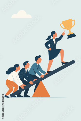 Business teamwork collaboration concept with diverse team achieving success on a seesaw, lifting a woman towards a golden trophy. Corporate partnership, leadership, growth, and achievement.