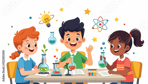 Cheerful kids are conducting science experiments at a table, surrounded by lab equipment and scientific symbols, with a lightbulb representing ideas. Vector illustration