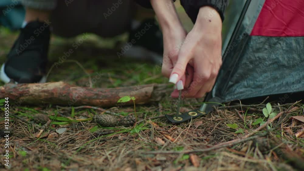 close up of lady hand pulling metal tent peg from forest ground with pine needles scattered around as stick lies nearby and tent corner remains fixed under pole with red and black fabric close up of lady hand pulling metal tent peg from forest ground with pine needles scattered around as stick lies nearby and tent corner remains fixed under pole with red and black fabric