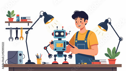 A smiling man in overalls assembles a robot at a workbench with tools and a plant. The scene is brightly lit by lamps. Vector illustration
