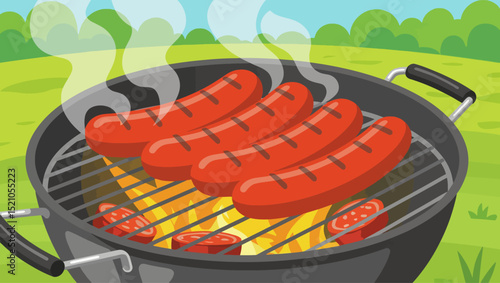 A cartoon depiction of a barbecue grill with sausages cooking over an open flame. Steam rises from the hot food, suggesting a delicious meal. Vector illustration