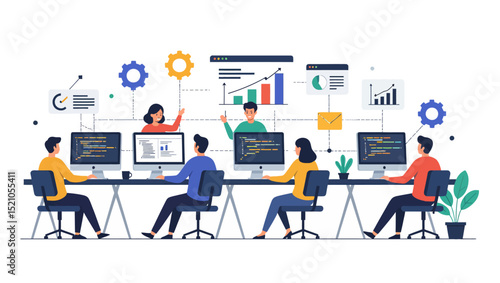 A team of developers is working together at their computers, surrounded by business and financial diagrams in a vector illustration.