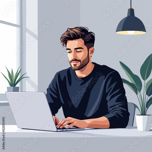 A professional male working on a laptop in a stylish workspace with plants and sunlight, showcasing a calm and focused moment ideal for depicting remote work or productivity. Vector illustration