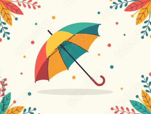A vibrant vector illustration features a colorful umbrella with botanical accents, perfect for seasonal themes or designs.