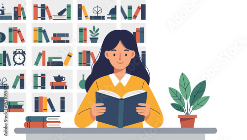 Vector illustration. A woman reads a book at a desk, with bookshelves in the background and a plant in a pot beside her.