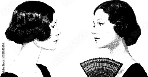 Vintage engraved fashion illustrations of smooth bob cut hairstyles