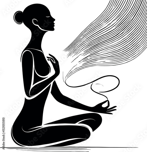 Black-and-white minimalist illustration featuring an elegant oil drop silhouette of a woman with hands on her chest, encircled by flowing breath lines symbolizing calm and wellness.
