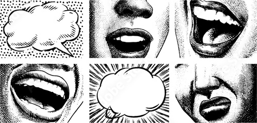 Retro comic speech bubbles and facial expressions engraved art for creative design