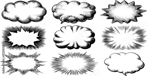 Vintage engraved set of speech balloons and comic clouds for design projects