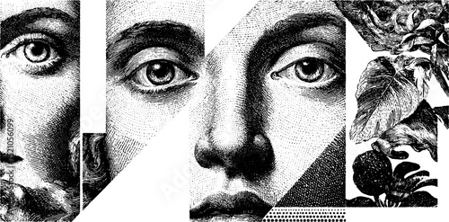 Engraved split portraits and botanical elements art design for creative projects