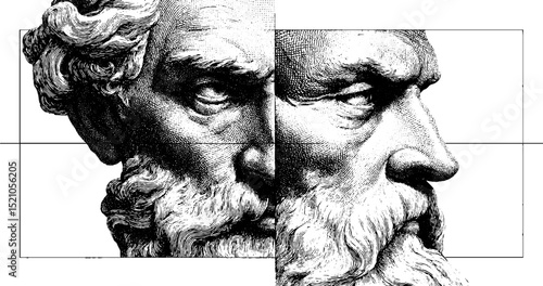 Engraved split portraits illustration