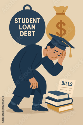 Student loan debt struggle. Graduate financial burden. College tuition crisis. Stressed student with bills, books, money bag, weight. Education costs. Financial hardship. University debt problem.