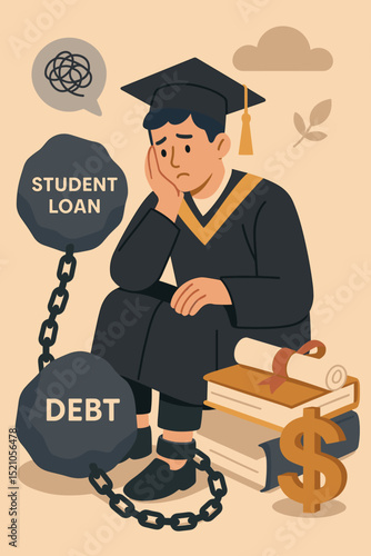 Burdened Graduate: Man in Graduation Gown Saddened by Student Loan Debt. Financial Struggle, Education Costs, Tuition Fees, and Post-Graduate Challenges Concept