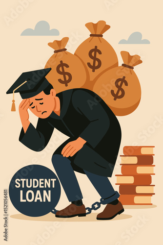 Student loan debt crisis. Young graduate overwhelmed by education costs, tuition fees. Financial burden metaphor. Man chained to debt, carrying heavy money bags. Stress, struggle.