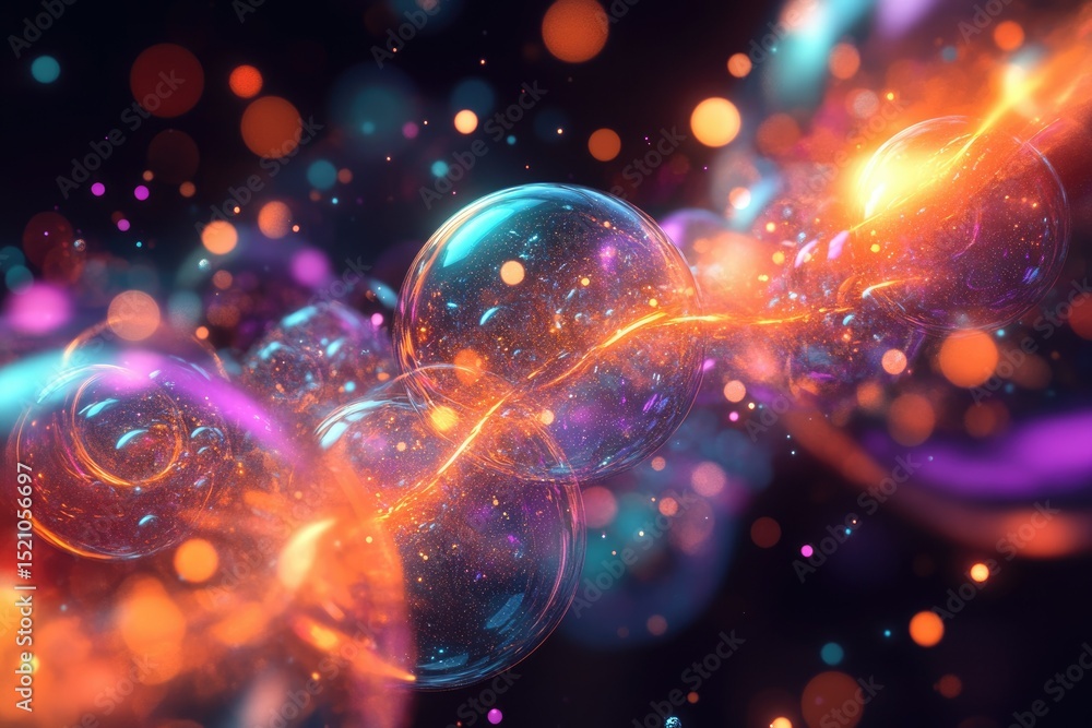 Abstract artwork depicting vibrant, interconnected bubbles with glowing trails and bokeh effects. Abstract artwork depicting vibrant, interconnected bubbles with glowing trails and bokeh effects.