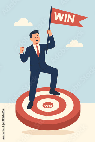 Businessman celebrating success with victory flag on red and white target platform, achievement concept, goal reached, winning, leadership, motivation, career growth illustration