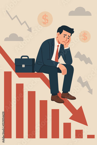 Sad businessman sitting on declining red arrow chart with falling bar graph, economic downturn recession concept, financial crisis, business loss, market collapse illustration