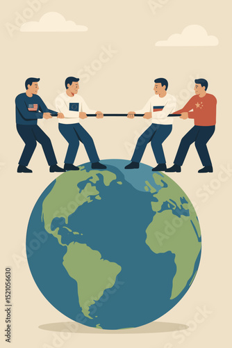 Global tug of war concept. Geopolitical competition illustration. USA, EU, Russia, China nations pulling rope on Earth. International power struggle, conflict, and diplomacy metaphor.