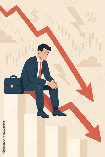 Economic downturn concept illustration. Sad businessman facing financial crisis, recession, stock market crash. Declining red arrow graph illustrating investment loss, business failure, unemployment.