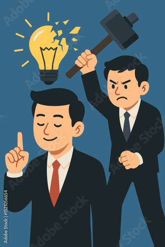 Colleague sabotages business idea. Angry coworker with hammer destroying lightbulb innovation. Office conflict, professional jealousy, undermining creativity, unethical competition concept.
