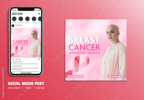 Breast Cancer Awareness Month Editable Social Media Post with Patient Woman after Chemotherapy Portrait for Female Empowerment Messaging, Campaigns and Health Promotions.