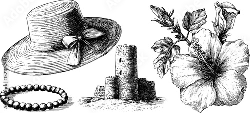 Vintage beach elements set: sun hat, sand castle, hibiscus, and beaded bracelet design