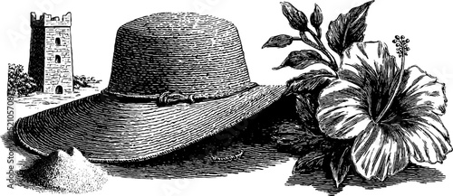 Engraved sun hat with hibiscus flower and tower illustration for summer designs