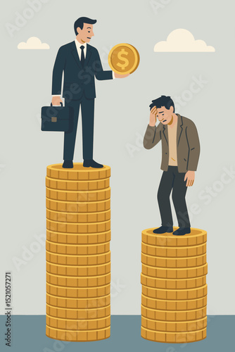Businessman and worried man standing on unequal piles of gold coins with dollar symbol, concept of economic inequality, financial disparity, wealth gap, business finance illustration
