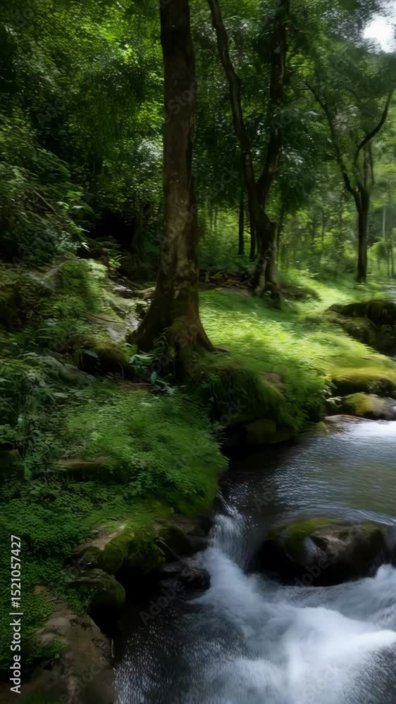 Scenic woodland stream flows through lush, green forest landscape over moss covered rocks in idyllic nature setting. Scenic woodland stream flows through lush, green forest landscape over moss covered rocks in idyllic nature setting.