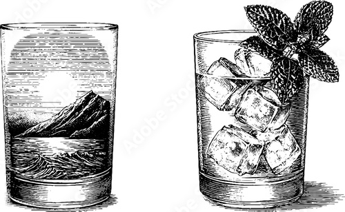 Engraved illustration set featuring sunrise horizon and refreshing ice mint drink