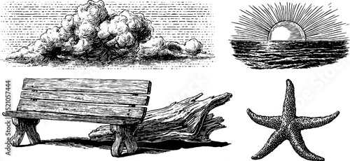 Engraved illustration set of sunset, cloud, wooden bench, driftwood, and starfish for nature art designs