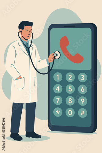 Telehealth innovation concept. Doctor using stethoscope on smartphone call icon. Remote medical consultation, digital healthcare, telemedicine technology, online health service.