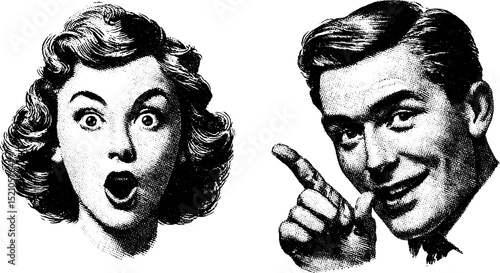 Retro engraved illustration set of surprised woman and smiling man faces for vintage design